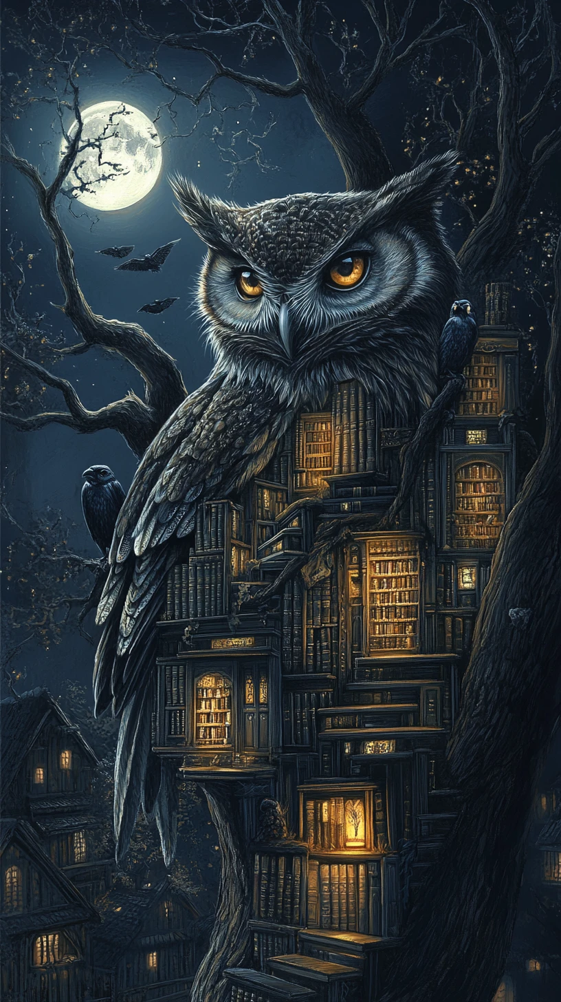 Surreal Owl Formed From Books Feathers And Ravens