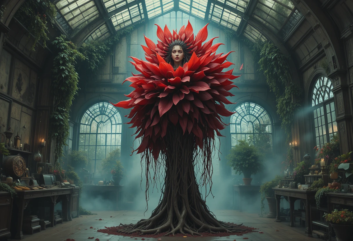 Steampunk plant hybrid woman in a misty ruined laboratory