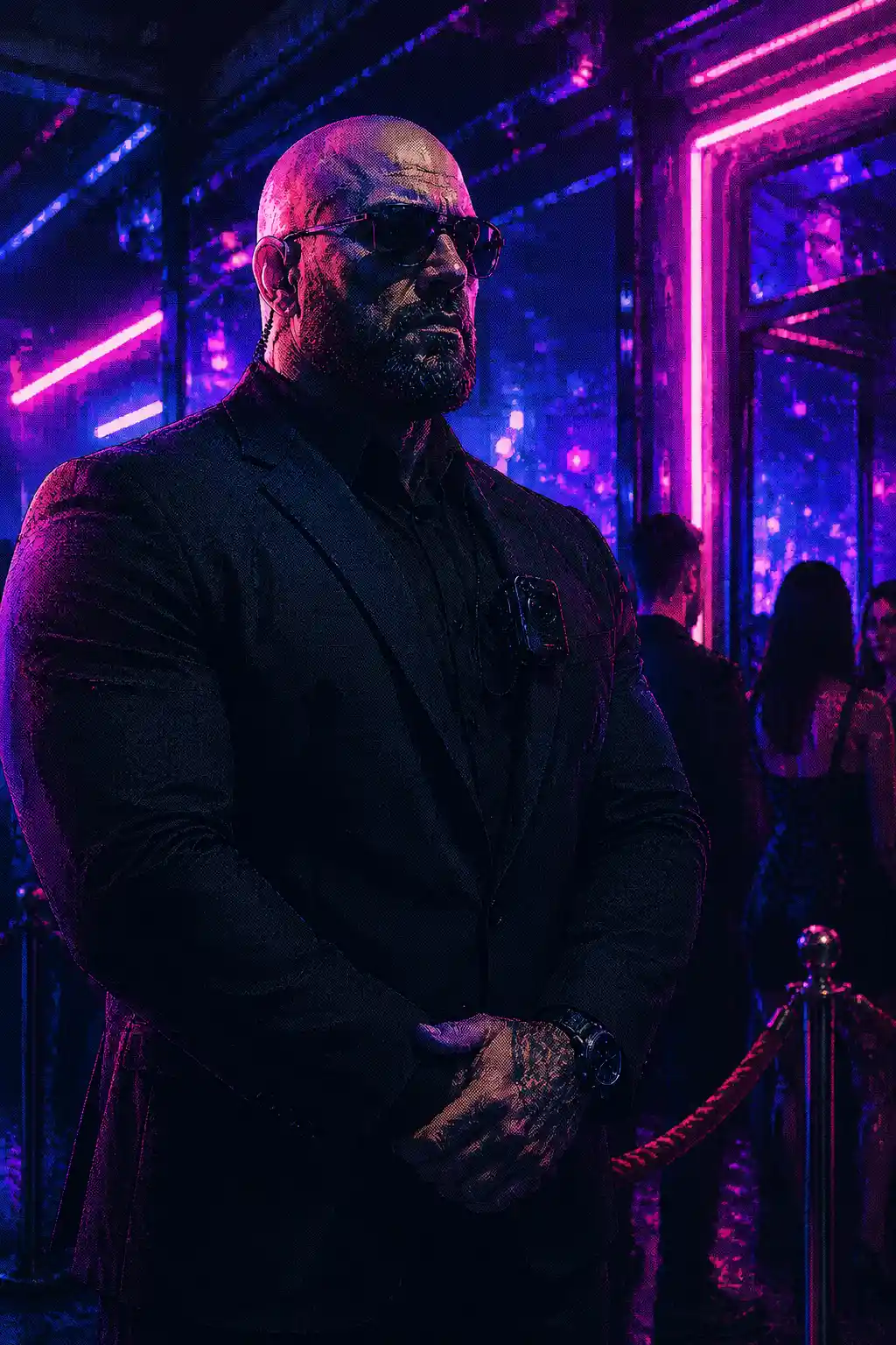 Neon lit nightclub bouncer in a futuristic medium shot