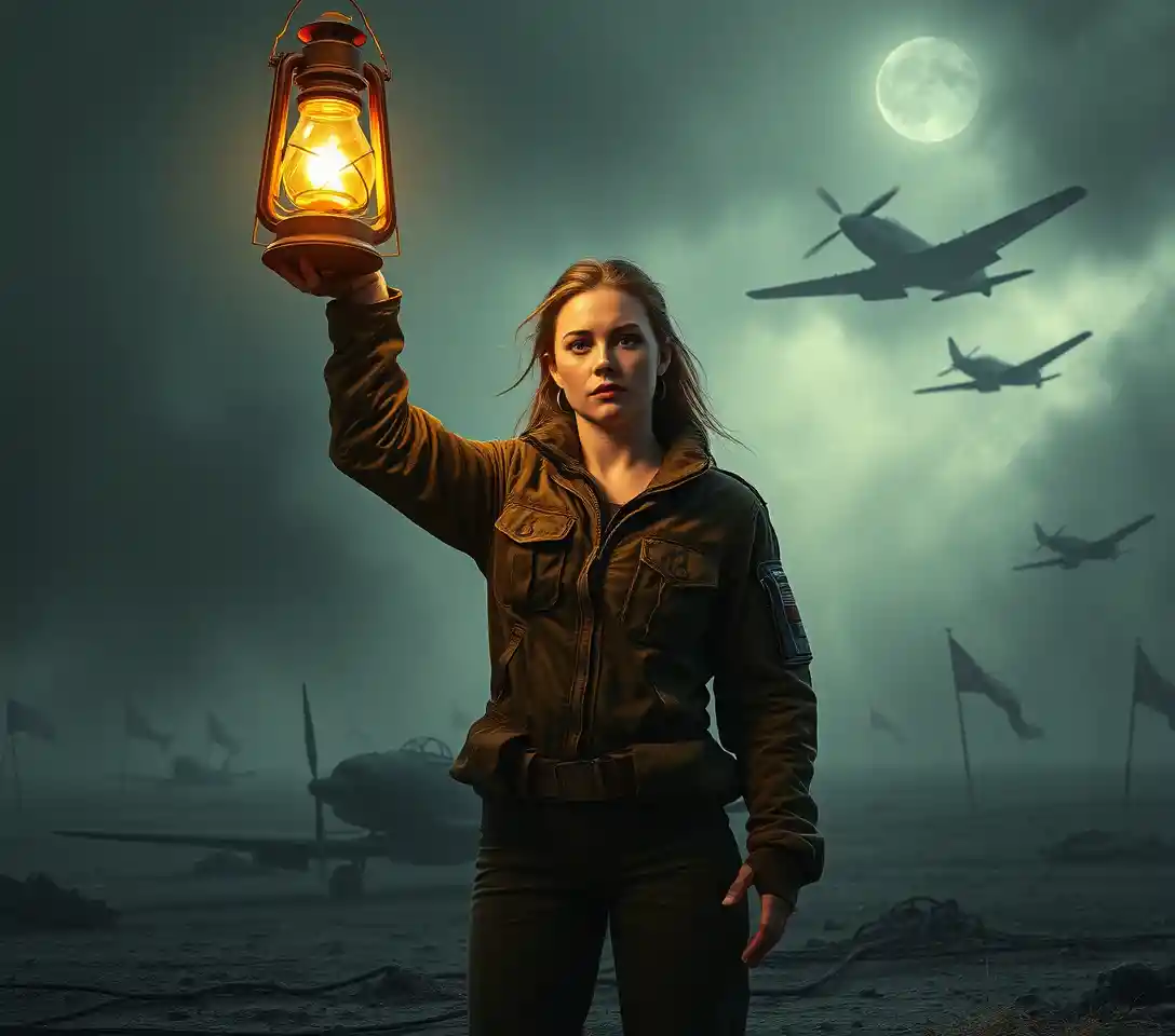 Woman with lantern in a desolate post apocalyptic landscape