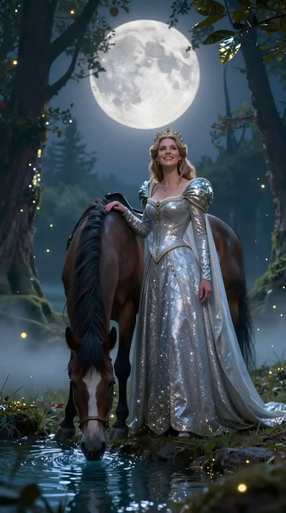 Regina guardiana al chiaro di luna con cavallo presso un ruscello nel bosco