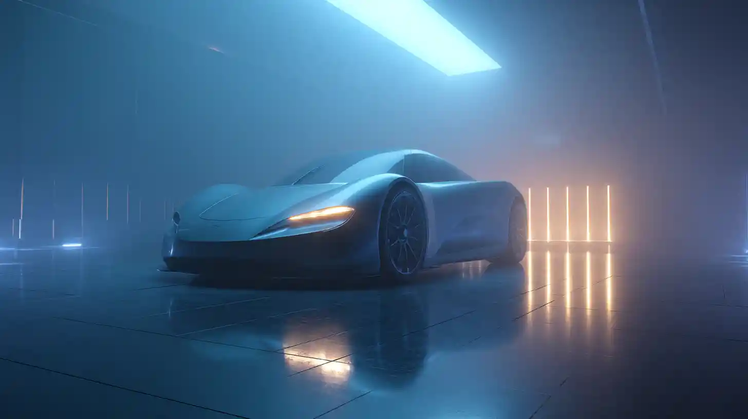 Futuristic sports car on display in a luxury showroom