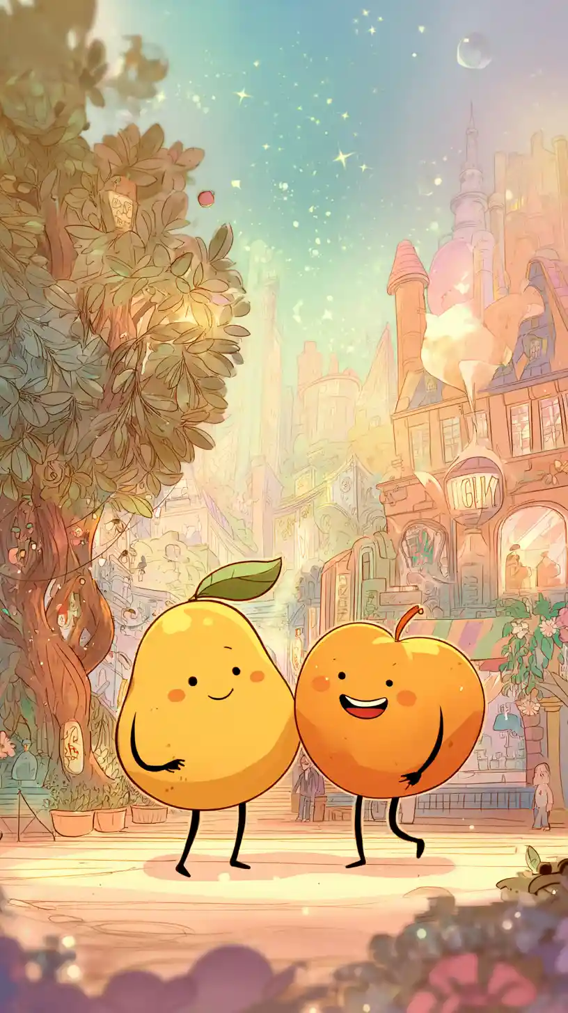 Smiling mango and apple friends in a glowing cityscape