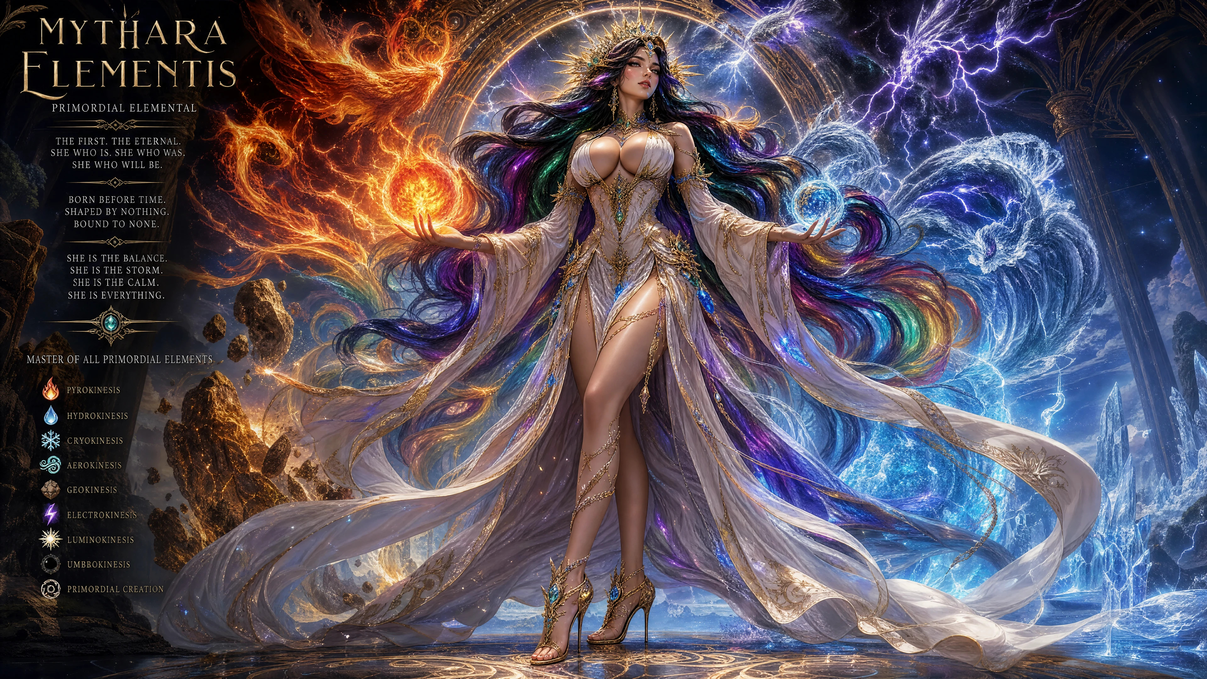 Regal elemental woman with dark rainbow hair and emerald eyes