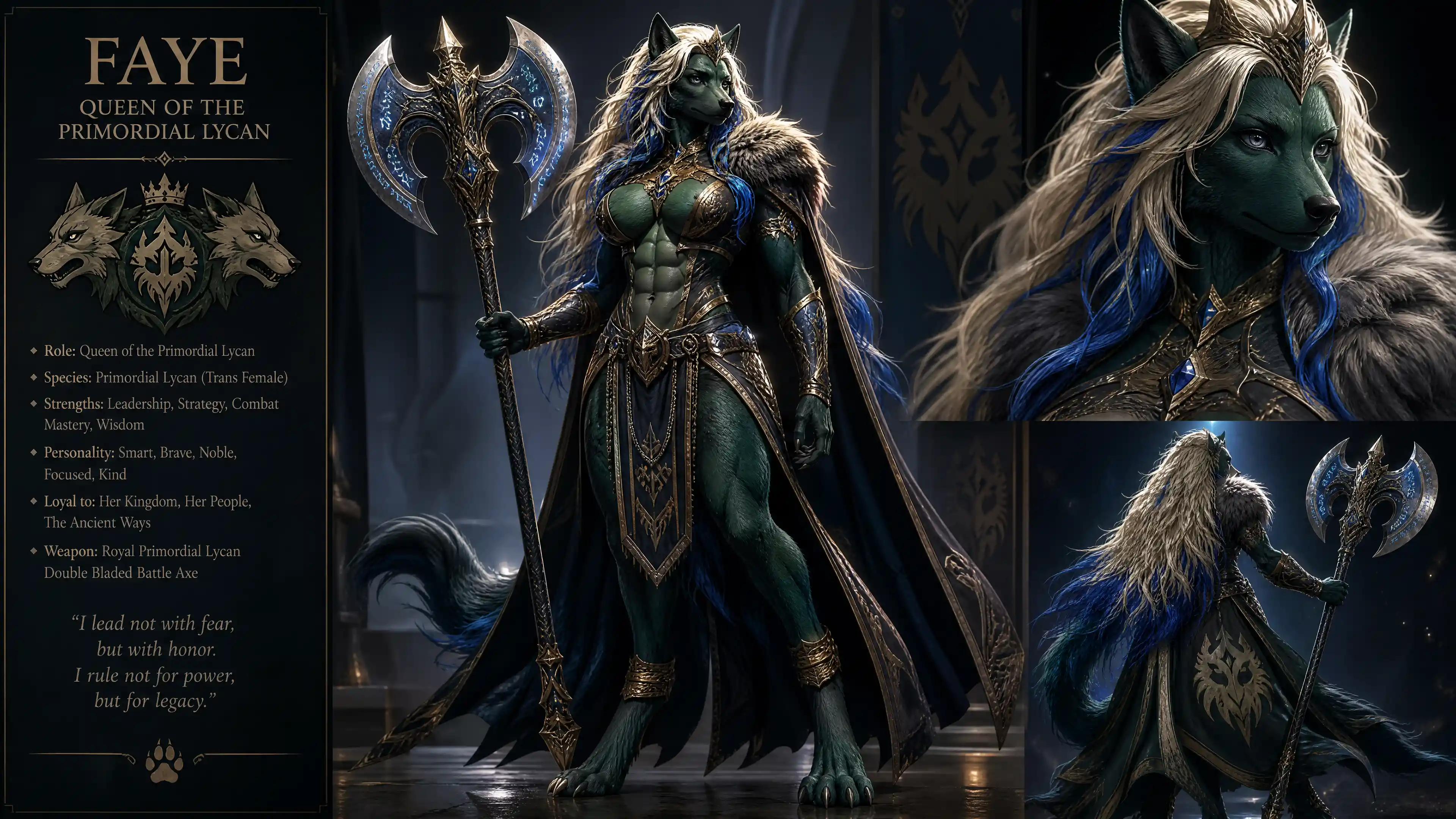 Primordial lycan queen with axe and flowing blue tipped hair