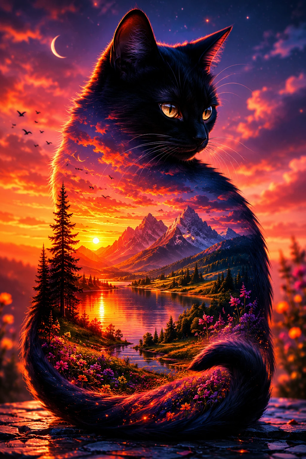 Black cat silhouette filled with sunset mountain landscape