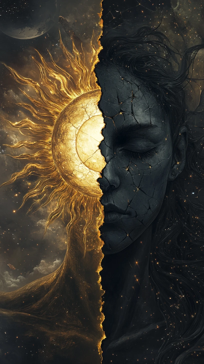 Dark celestial portrait of fused sun and moon face