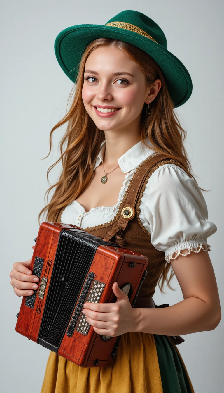 Young woman in Bavarian dirndl playing accordion