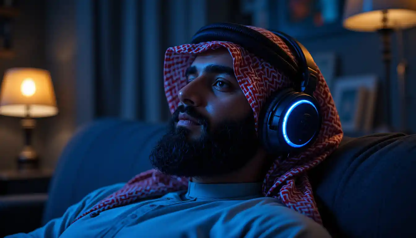Young man relaxing with gaming headphones on blue sofa