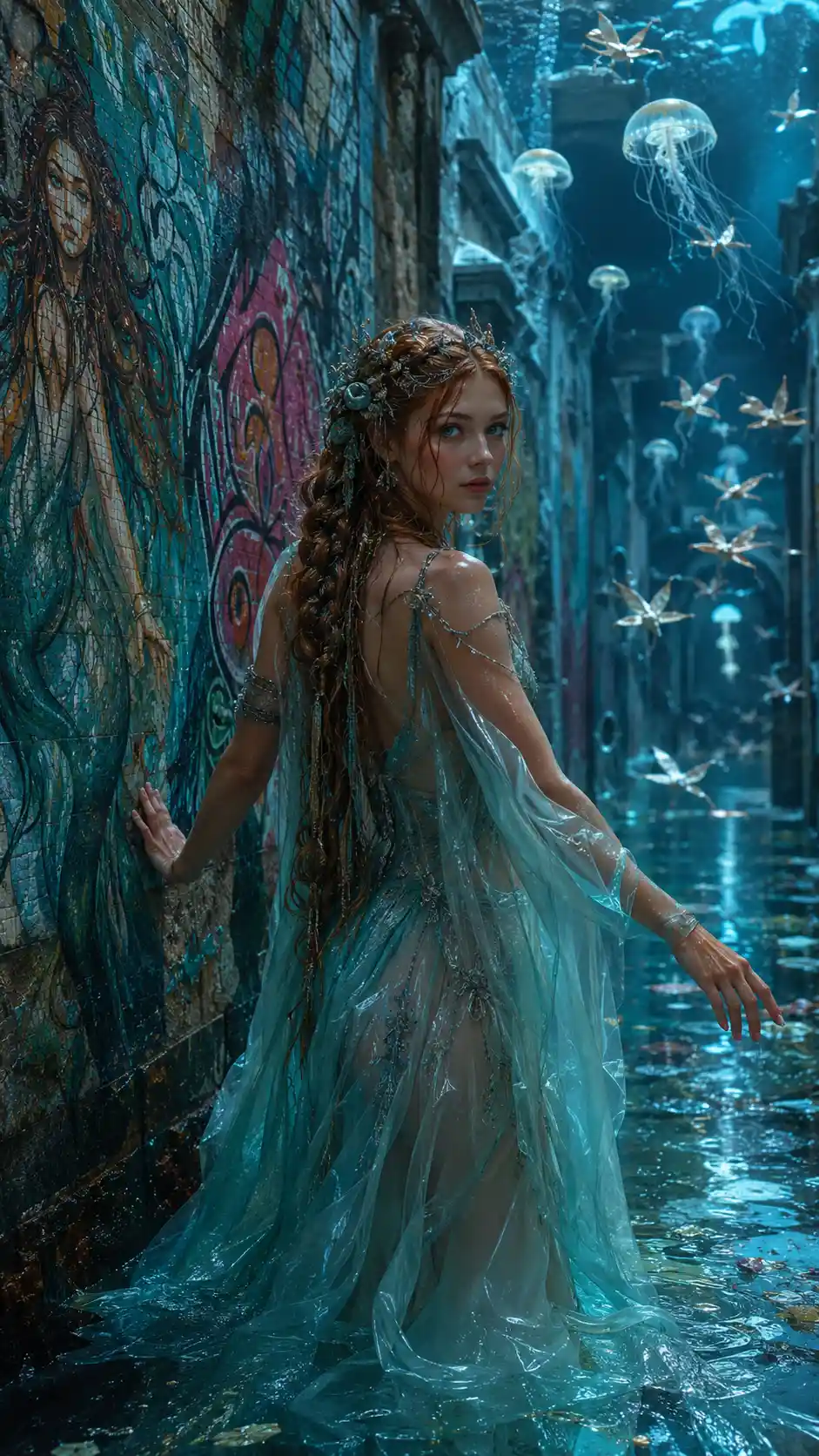 Water nymph princess in flooded atlantean urban ruins