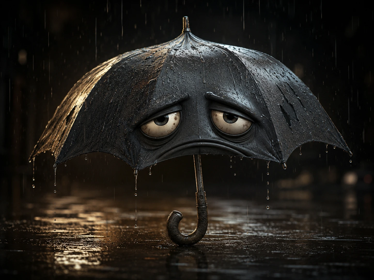 Sad anthropomorphic umbrella under dramatic rain spotlight