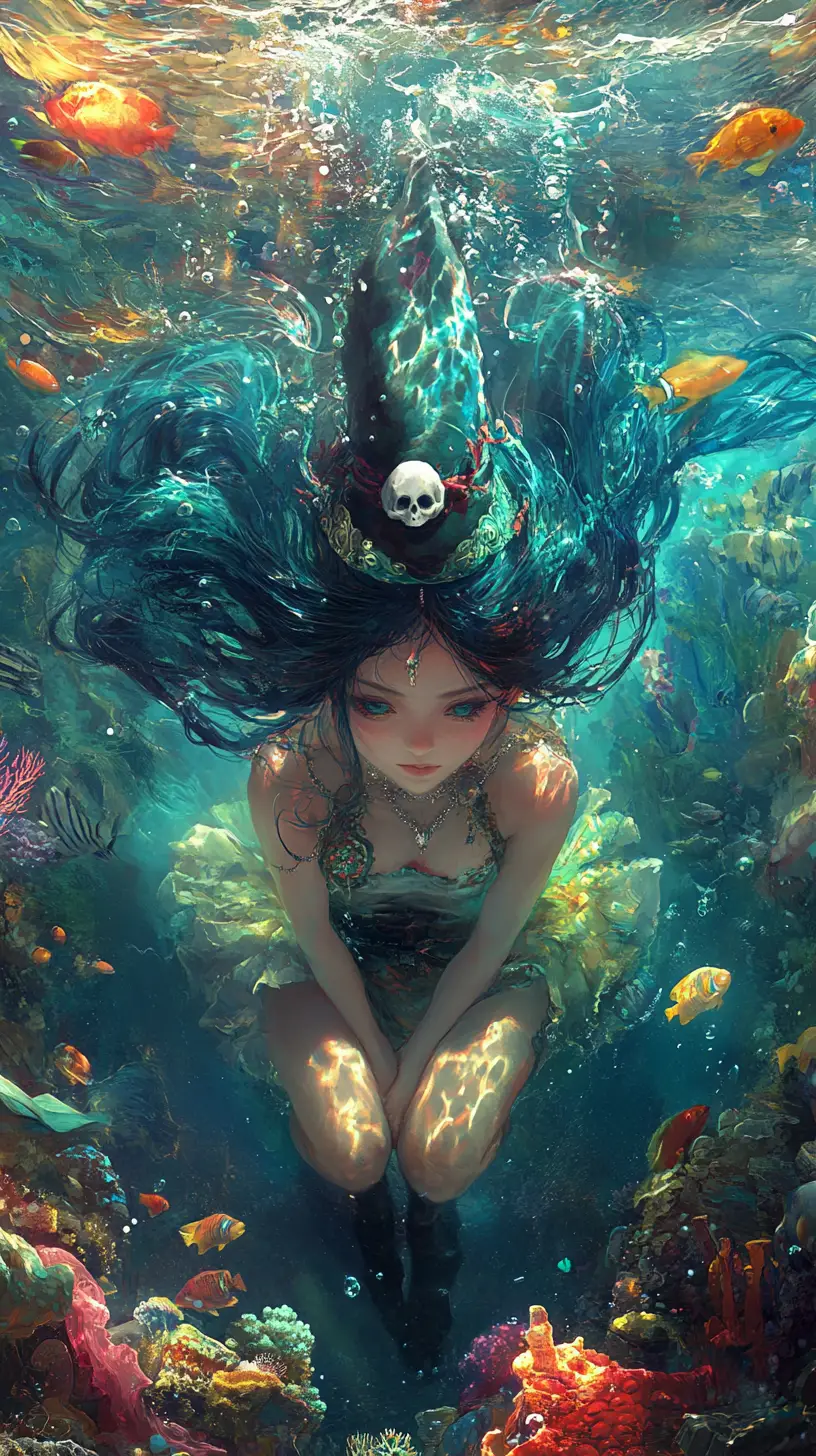 Anime girl floating above a colorful underwater coral reef