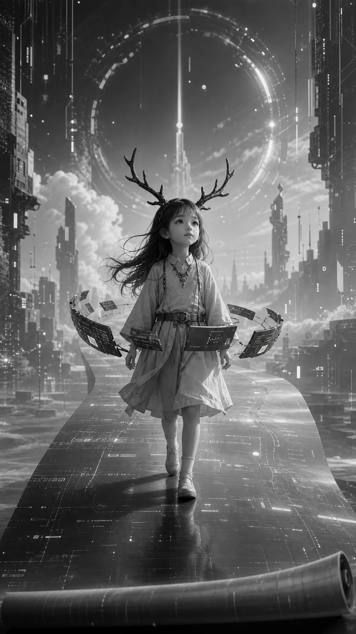 Young antlered girl walking along a glowing cyber path