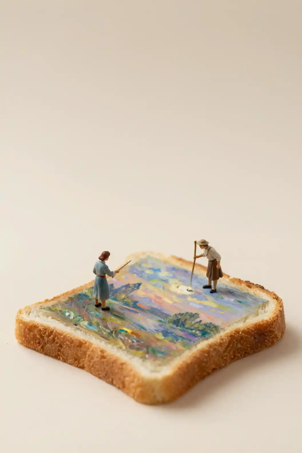 Miniature painters creating art on toast in macro view