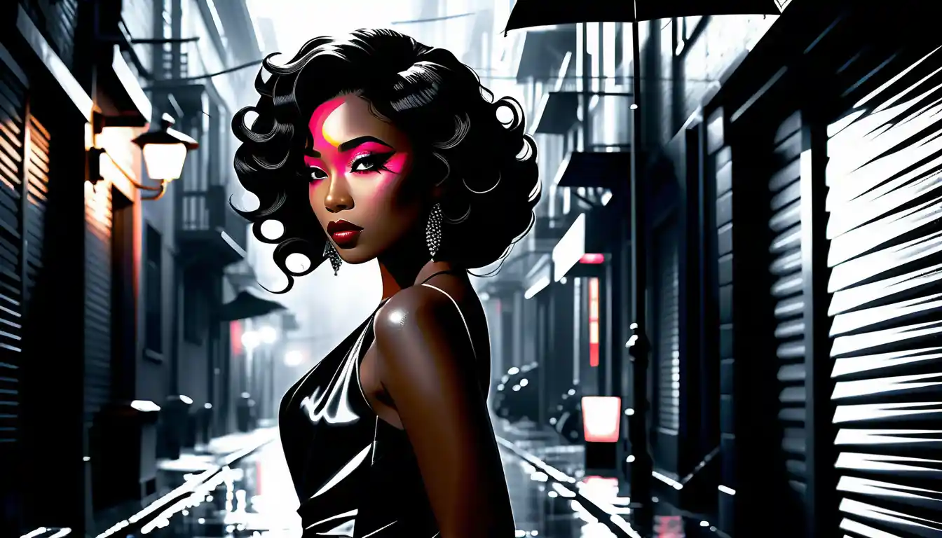 Anime noir woman standing in a rainy city alley