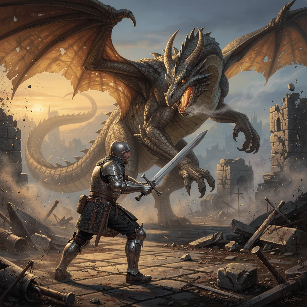 Medieval knight facing a colossal dragon on ruined stone ground