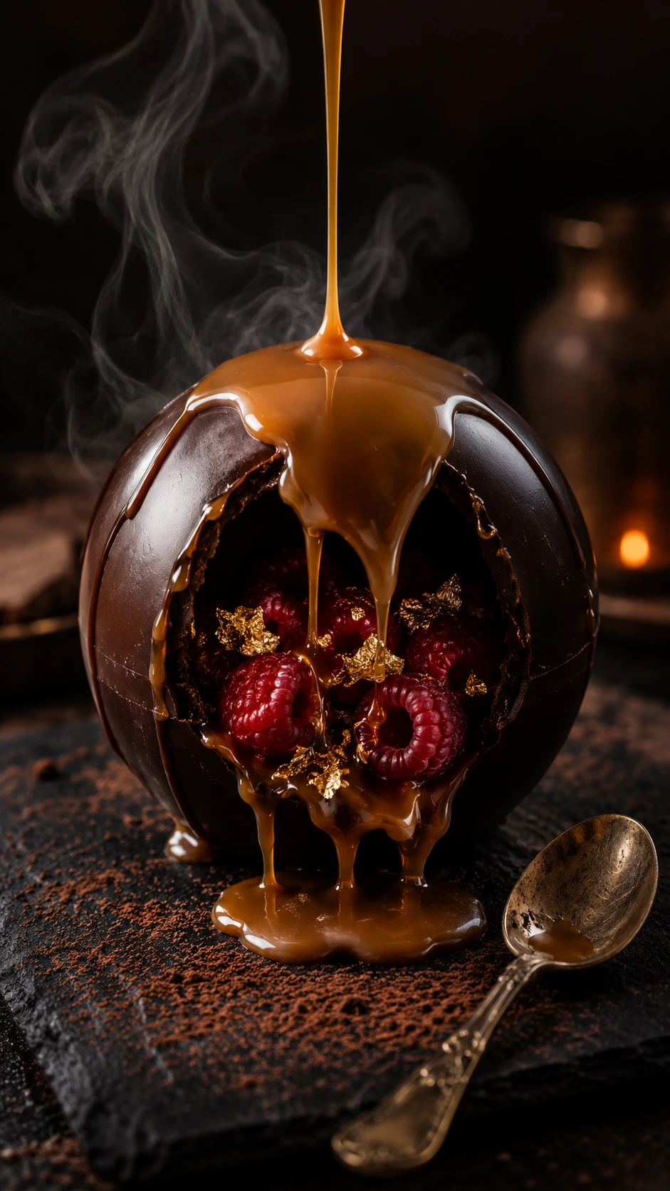 Melted Chocolate Sphere Dessert With Flowing Caramel Sauce