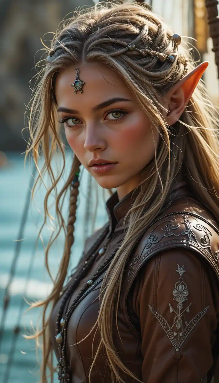 Bronzed elf woman in leather tunic with braided golden hair