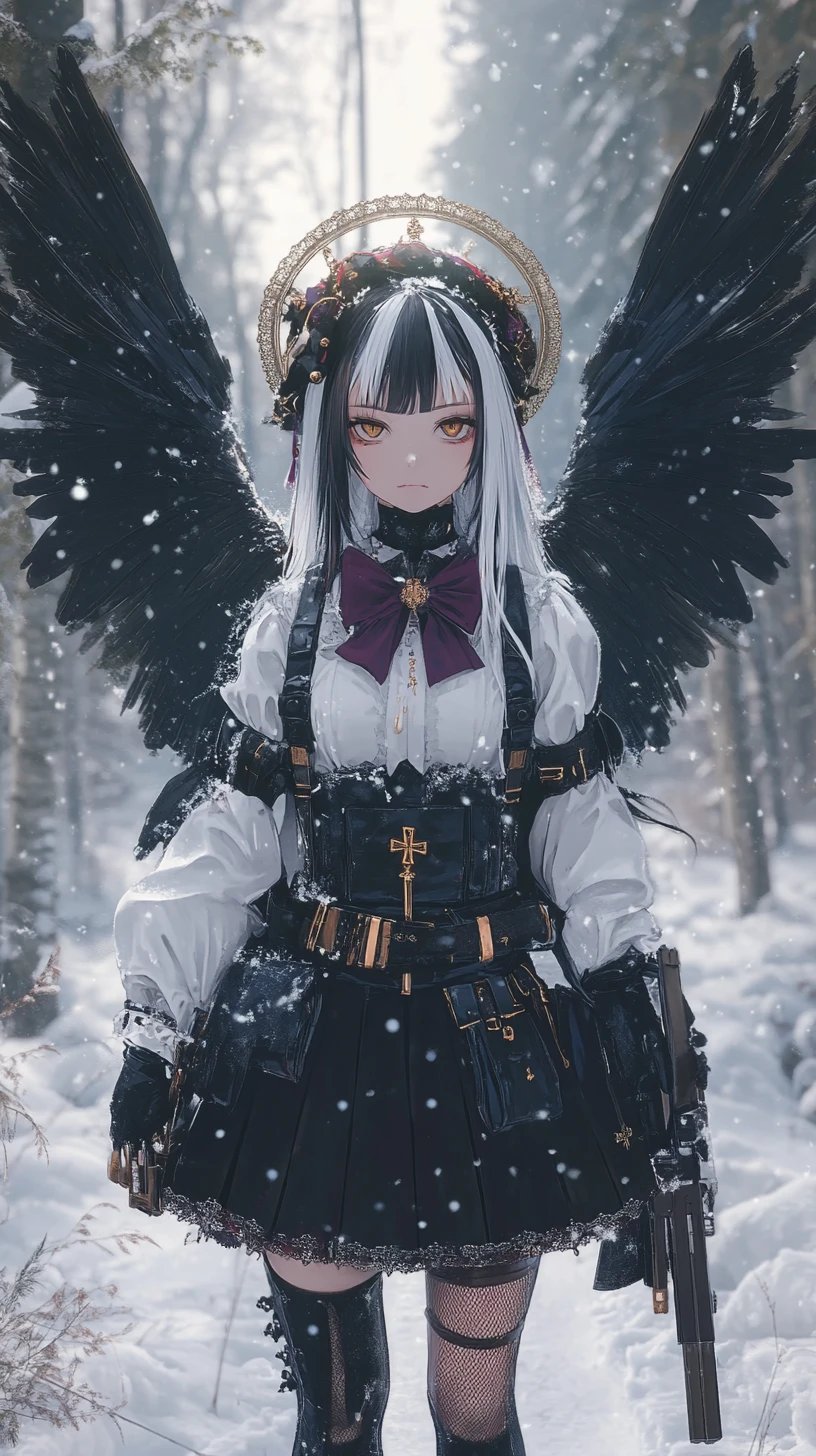 Girl with katana in snow covered orthodox fantasy church