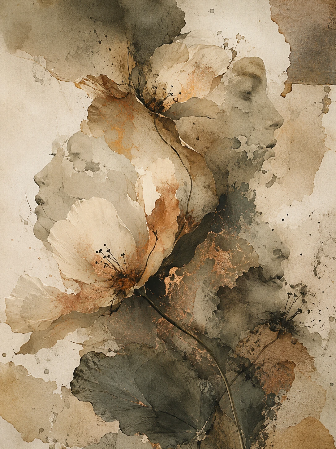 Abstract botanical forms in muted watercolor and ink collage