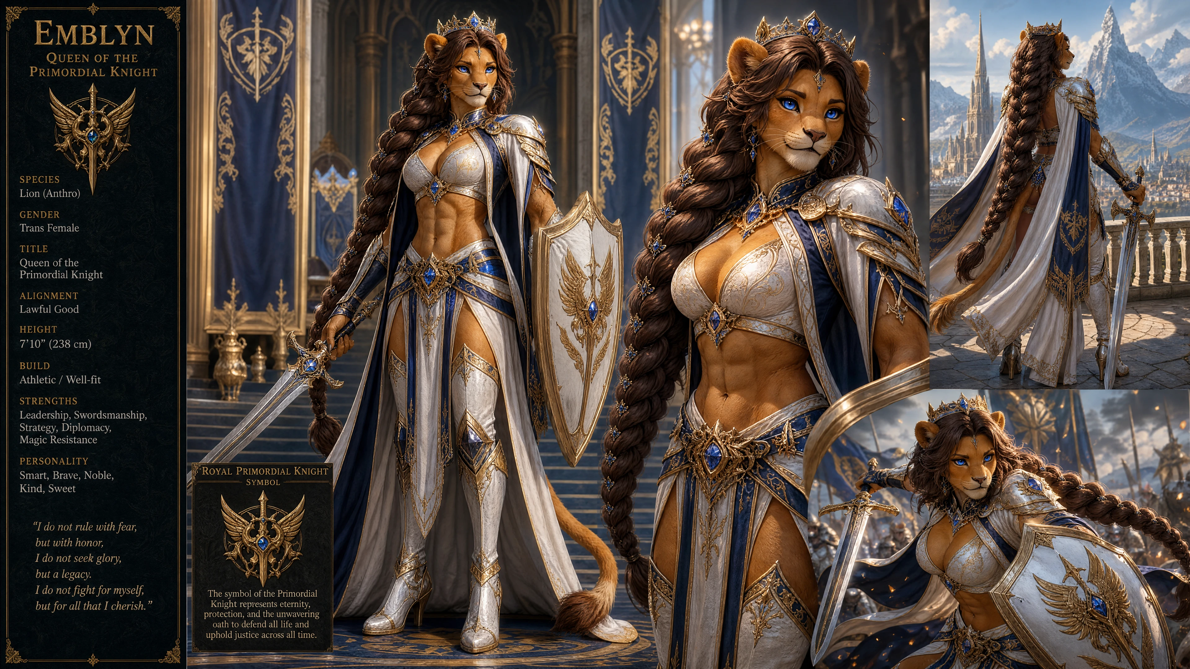 Regal anthro lion queen in ornate knight armor