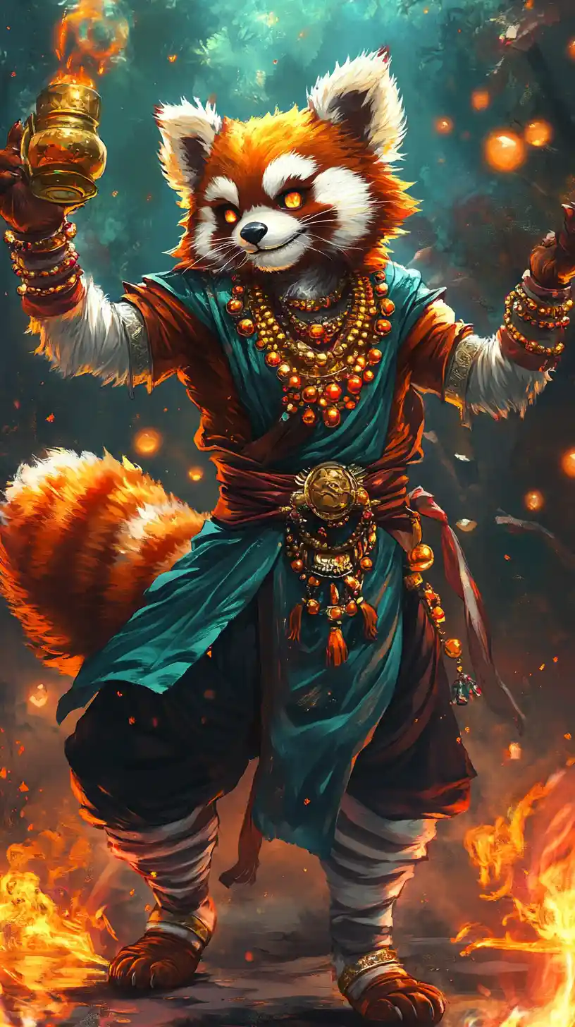 Anthropomorphic red panda deity toasting in a neon forest