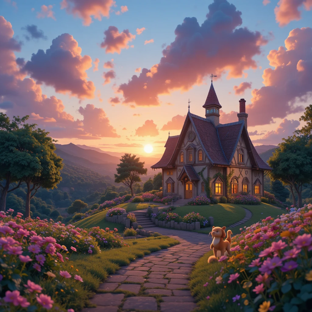Colorful 3D farm at sunrise with cheerful animals