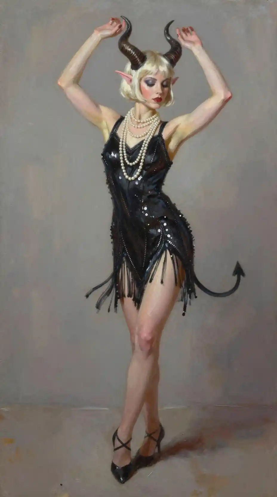 Flapper style tiefling woman dancing in low angle view