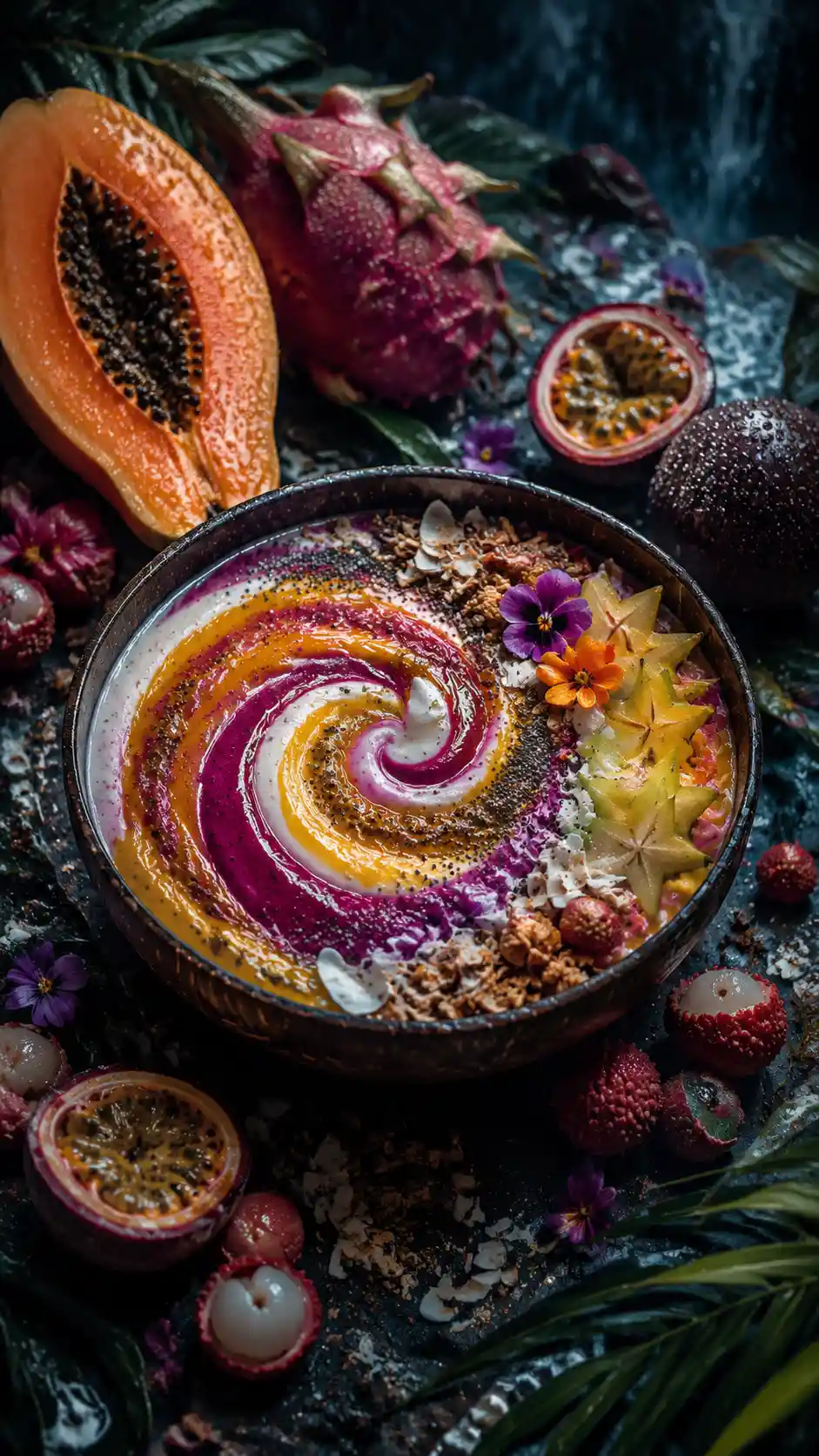 Dramatic tropical smoothie bowl with swirling fruit layers