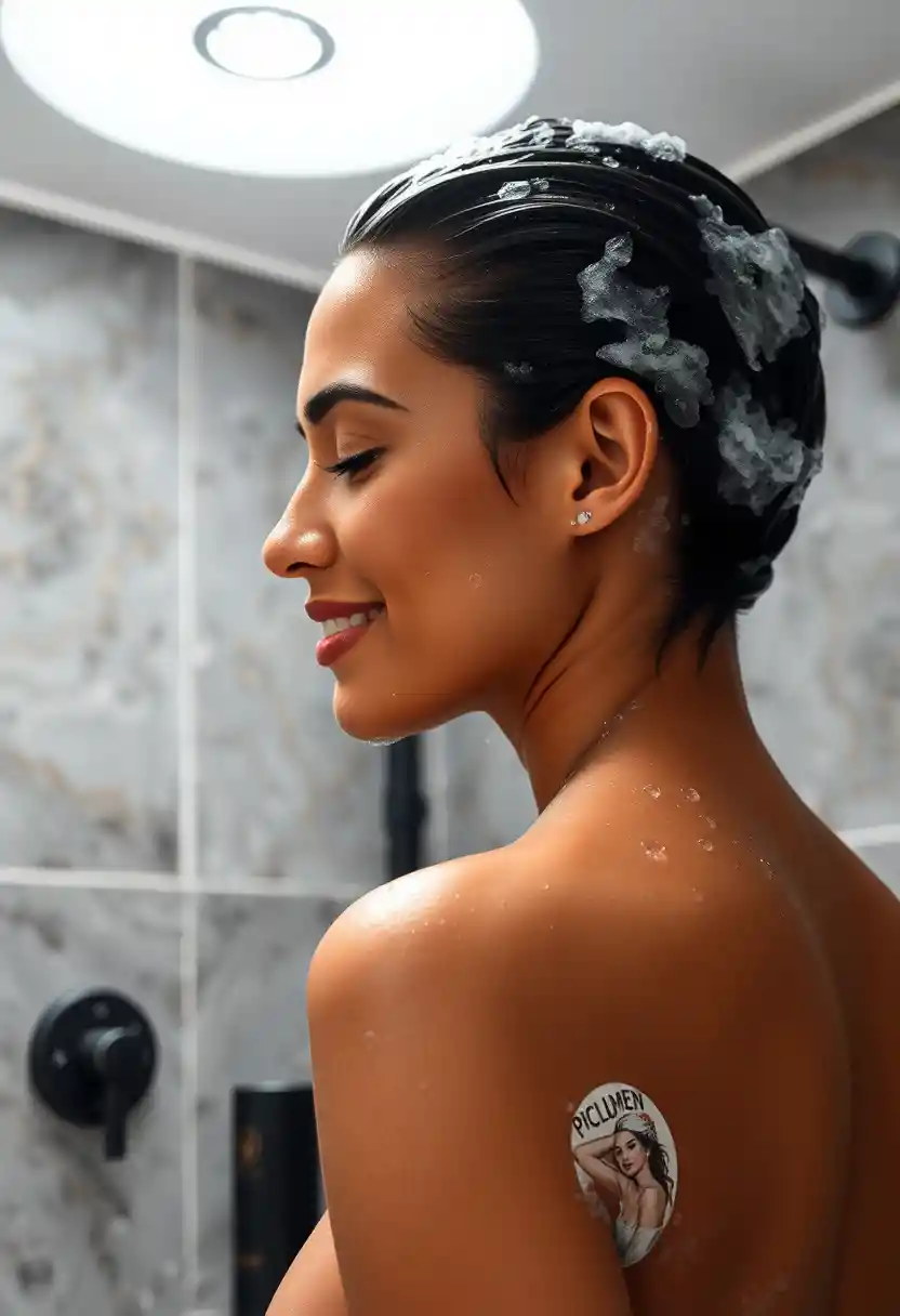 Arab woman showering under bright spotlight with water droplets