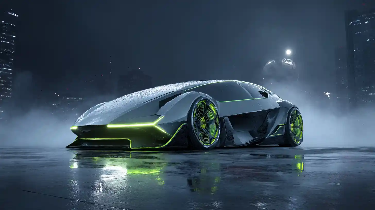 Futuristic silver car under a misty moonlit city sky