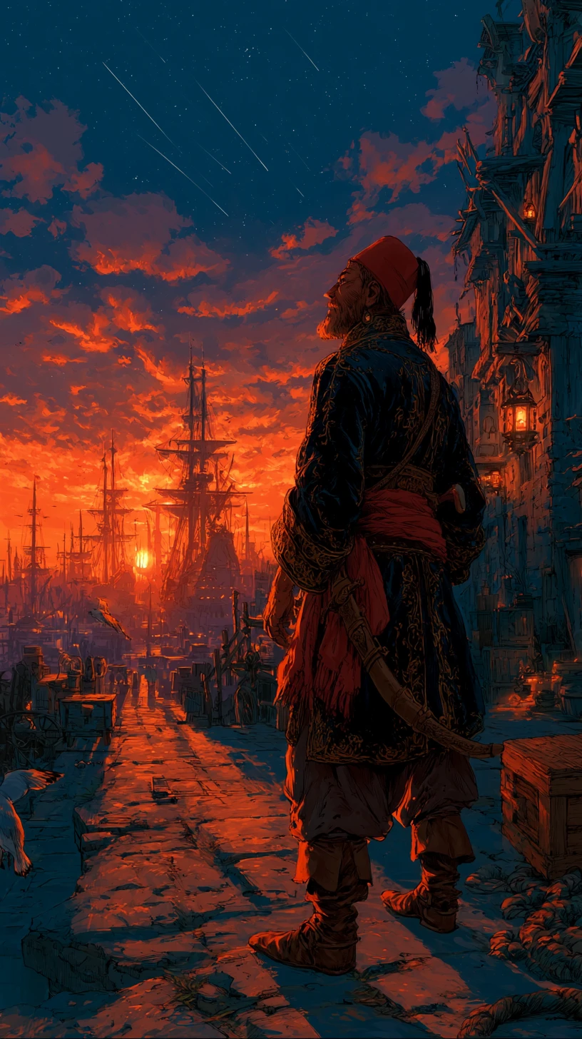 Algerian corsair on a twilight Mediterranean harbor quay