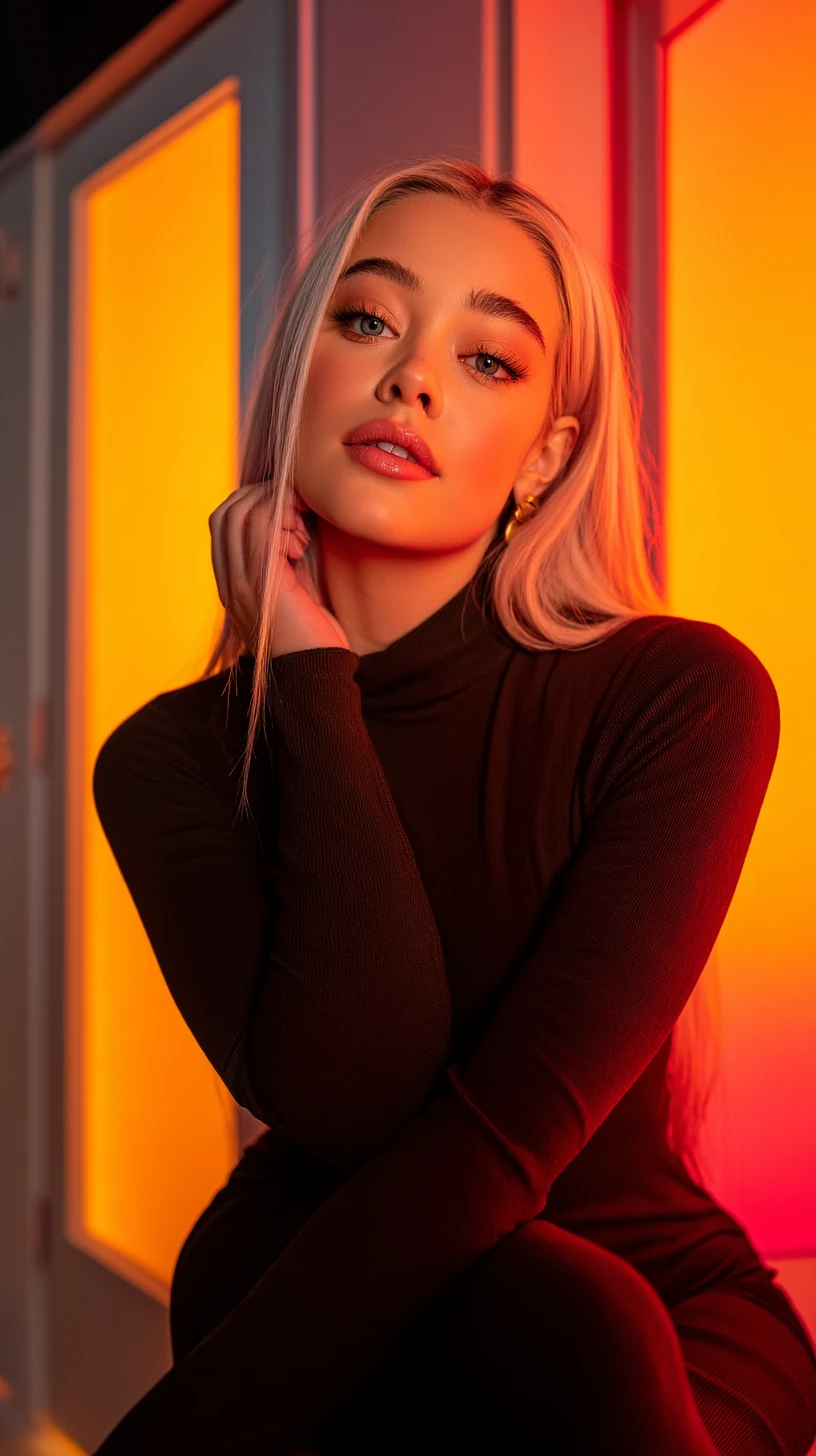 Cinematic fashion portrait of a woman in black turtleneck