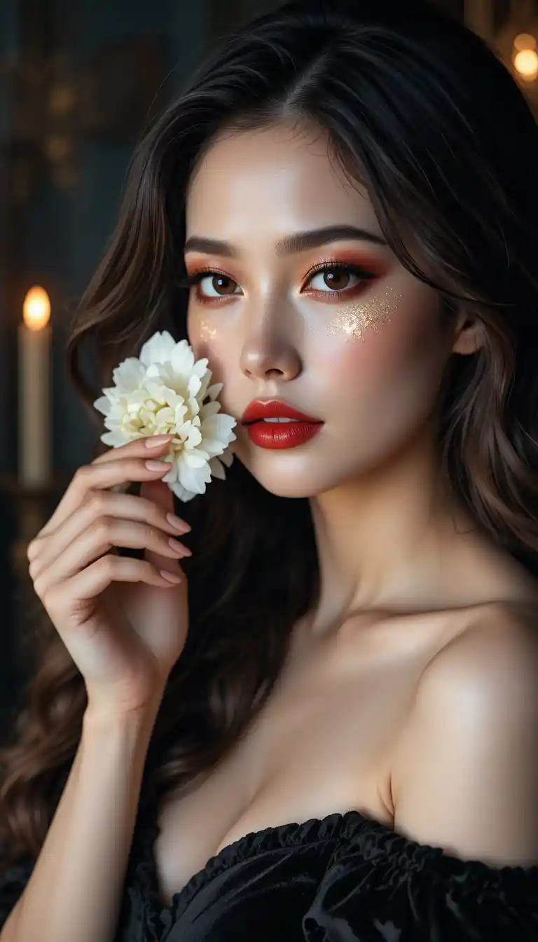 Cinematic portrait of a woman with flower in candlelight