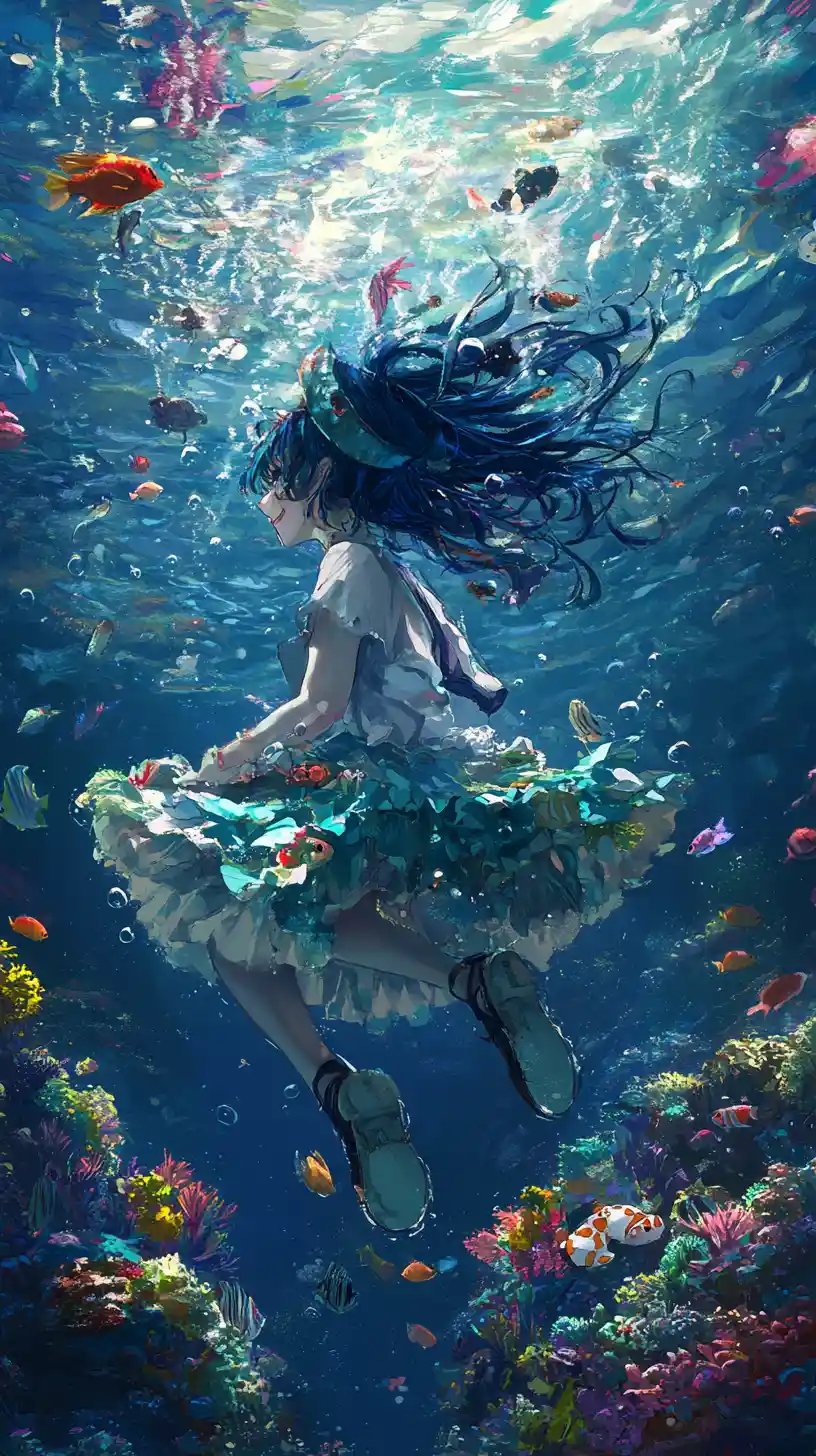 Colorful coral reef underwater with small fish swimming