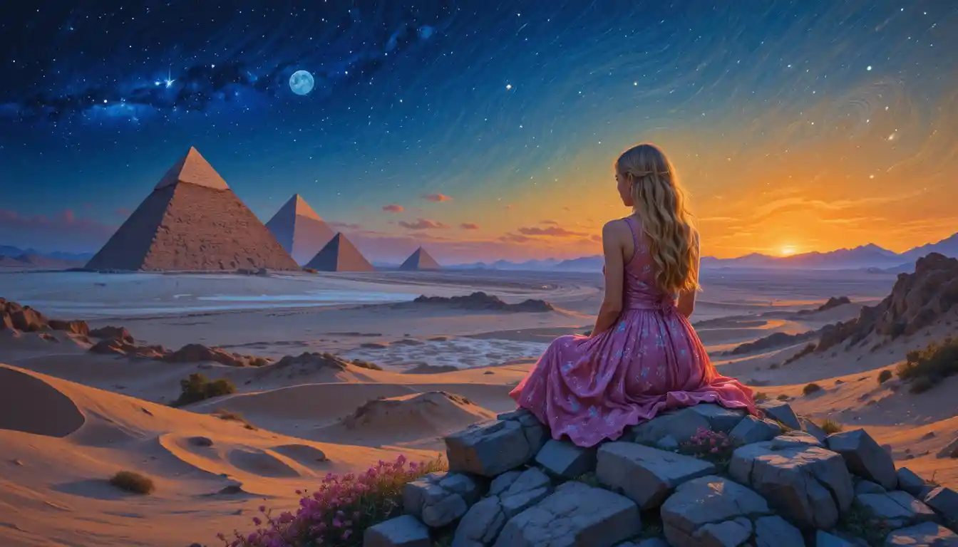 Girl on a rock watching pyramids at desert sunset
