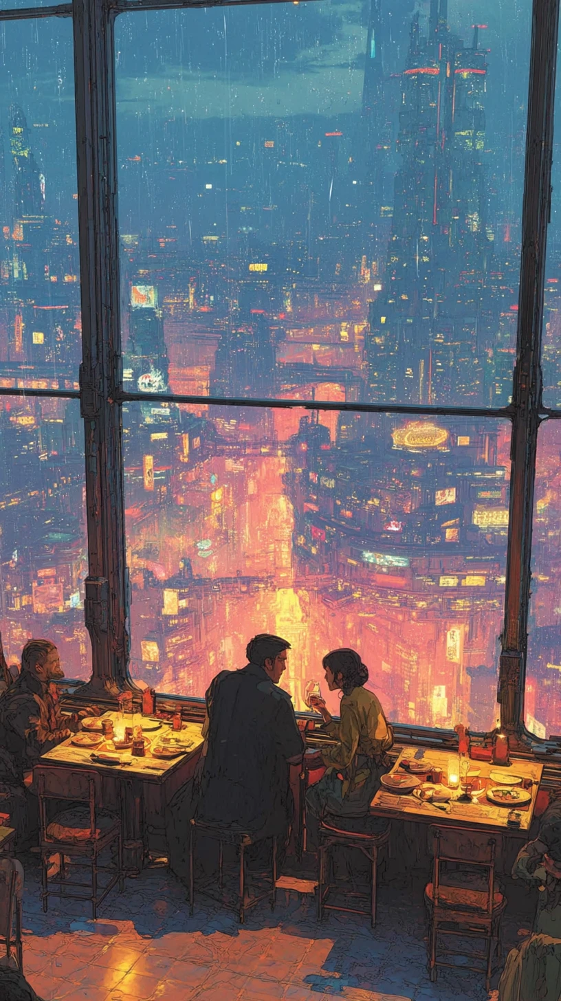 Futuristic couple dining in neon lit glass walled restaurant