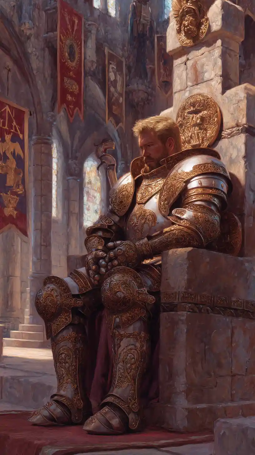 Golden armored knight seated on a grand stone throne