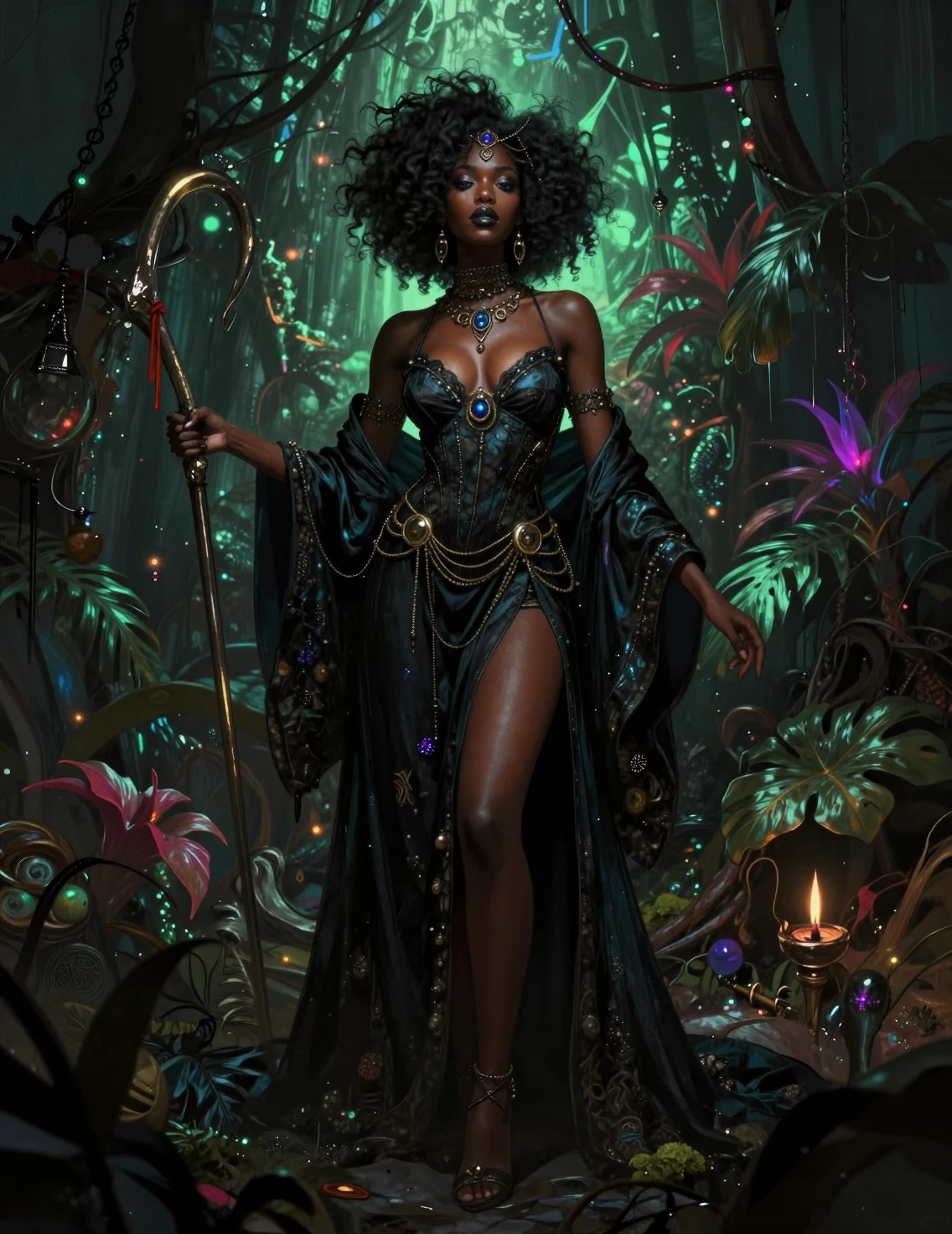 Full body portrait of a dark neon fantasy sorceress