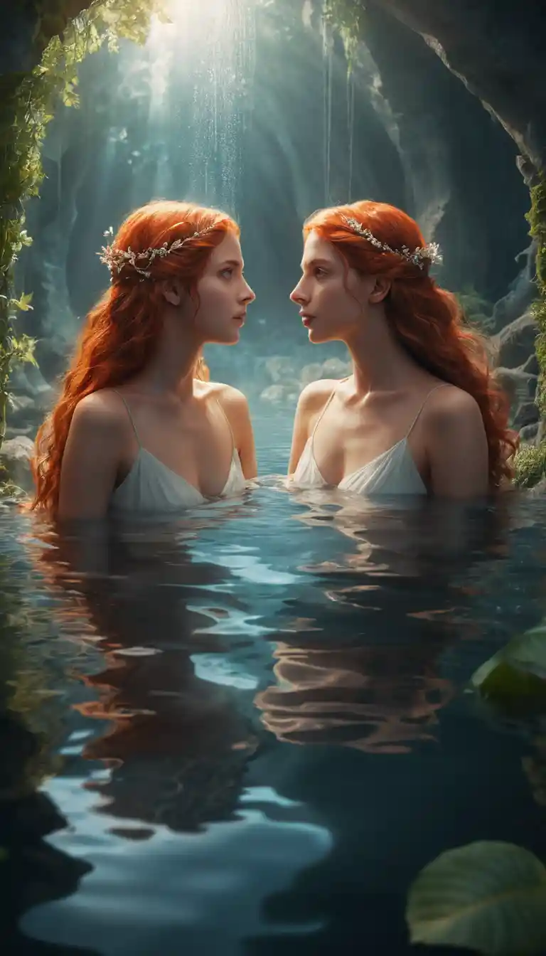 Two red haired women kissing under a warm shower