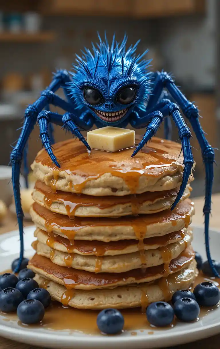 Blue spider grinning atop blueberry pancakes in a kitchen