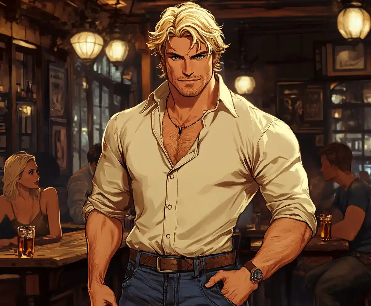 Muscular blonde man standing in a cozy pub interior