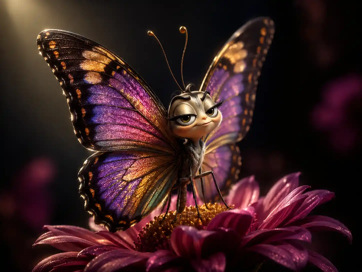 Cinematic 3D butterfly with expressive eyes on glowing flower