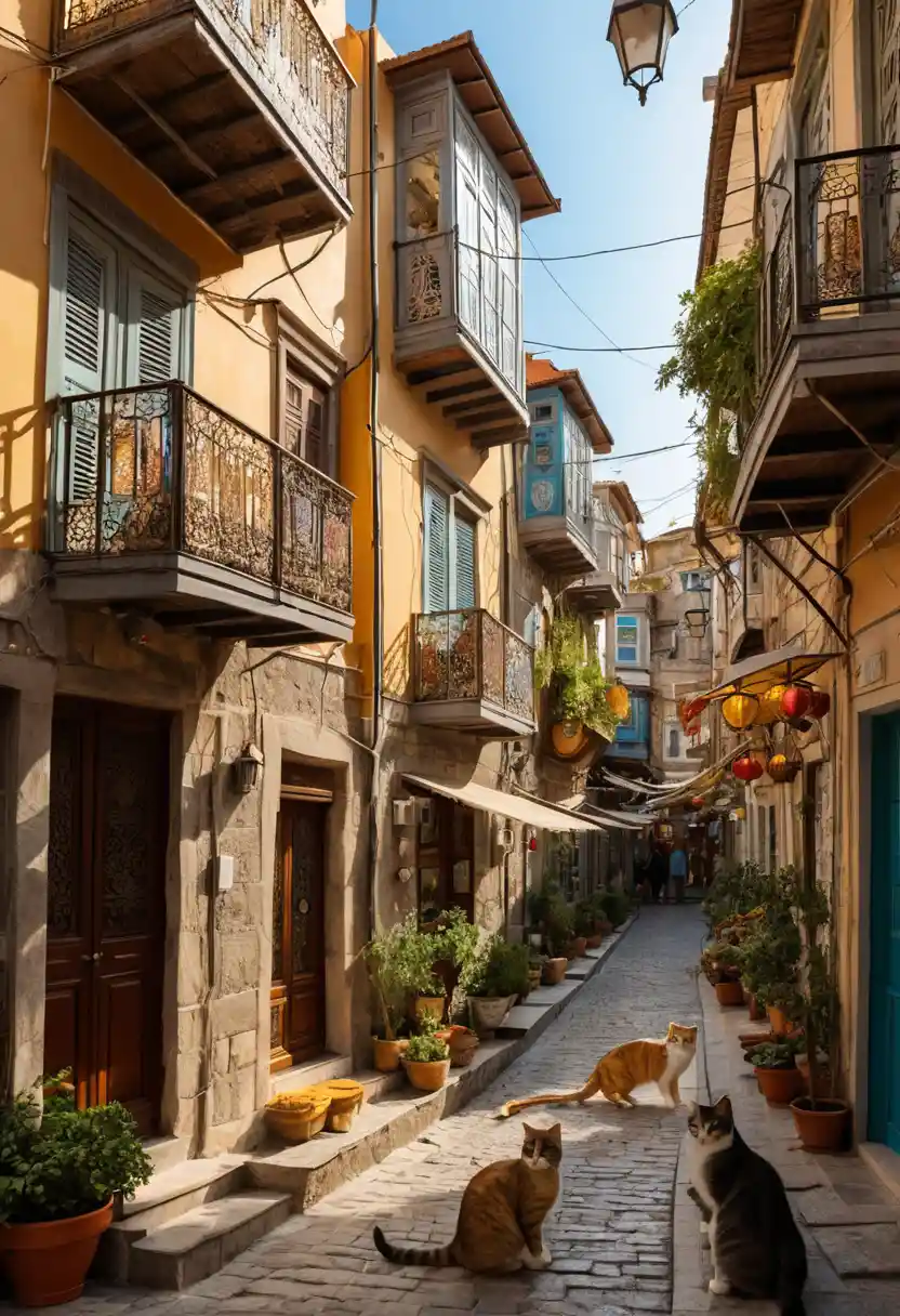Cats lounging on sunny cobblestone streets in a Turkish city