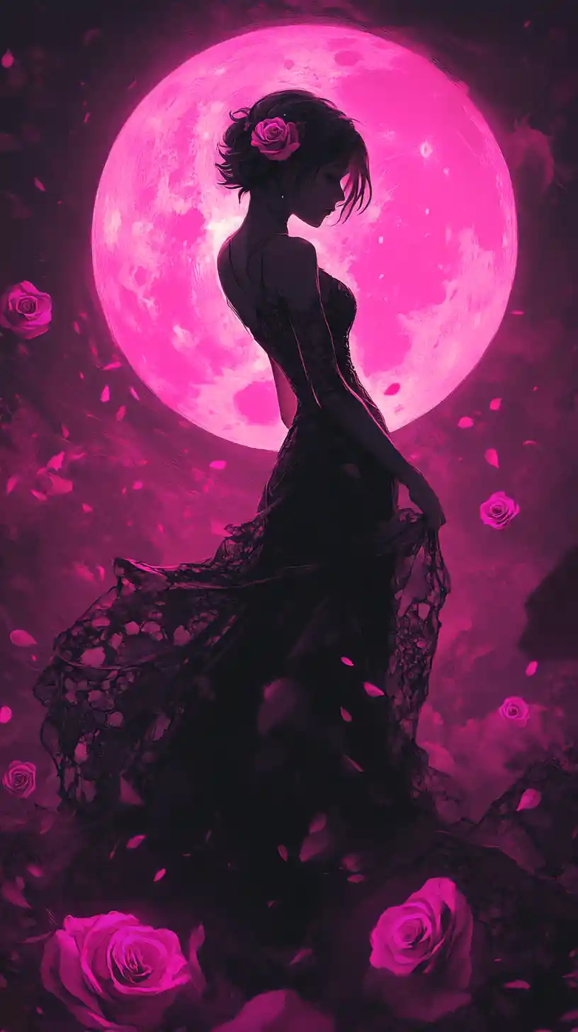 Elegant dark fantasy woman before a glowing magenta moon
