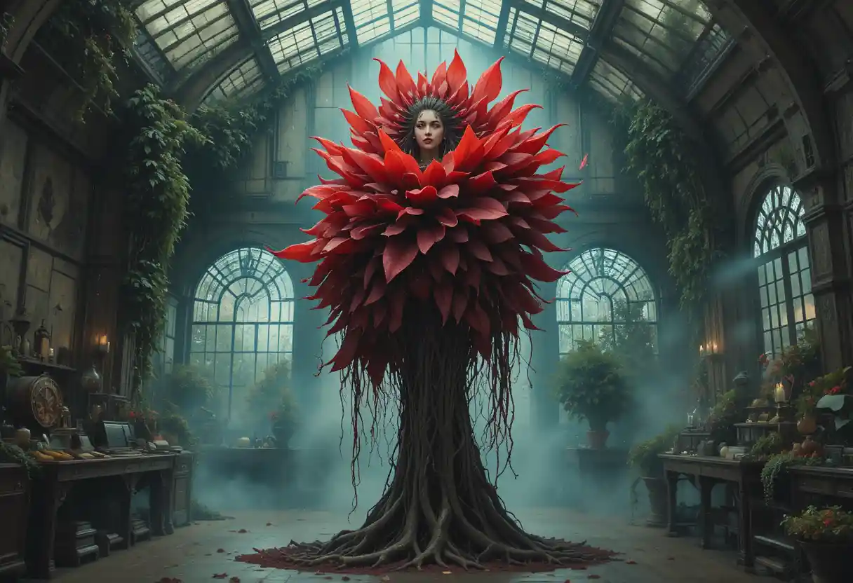 Steampunk plant hybrid woman in a misty ruined laboratory