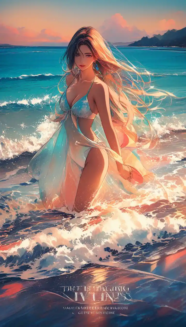 Stylized woman in bikini on a sunny ocean beach
