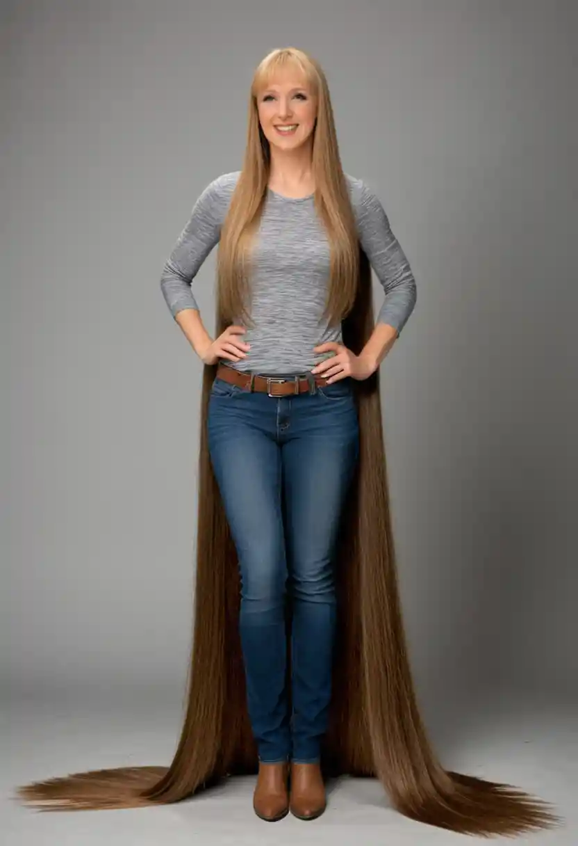 Smiling woman in wide side profile with extremely long hair