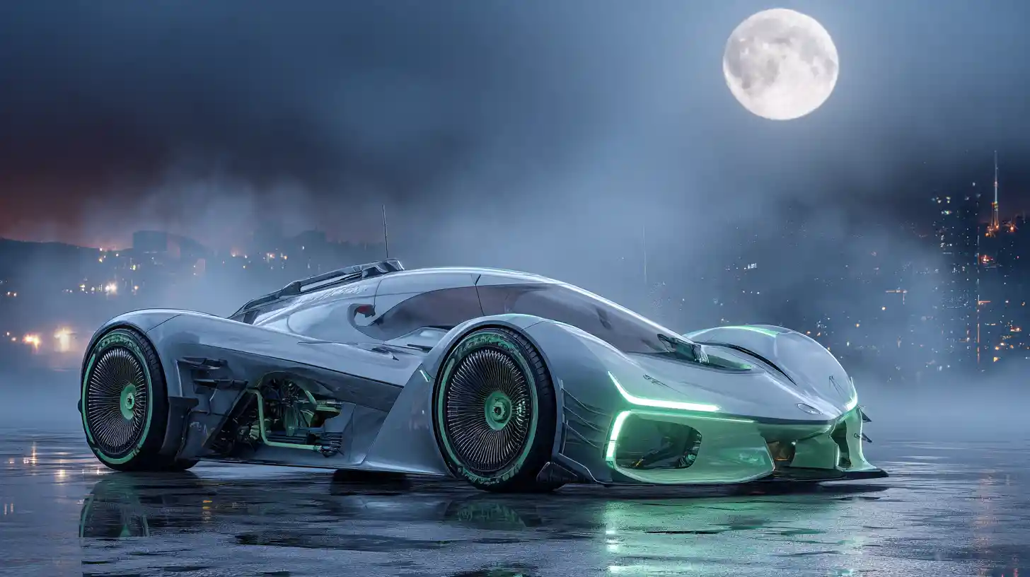 Futuristic silver car under a neon moonlit city sky