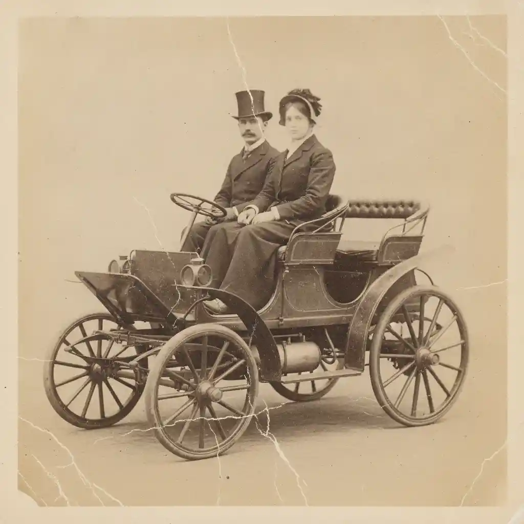 Vintage horseless carriage in faded black and white